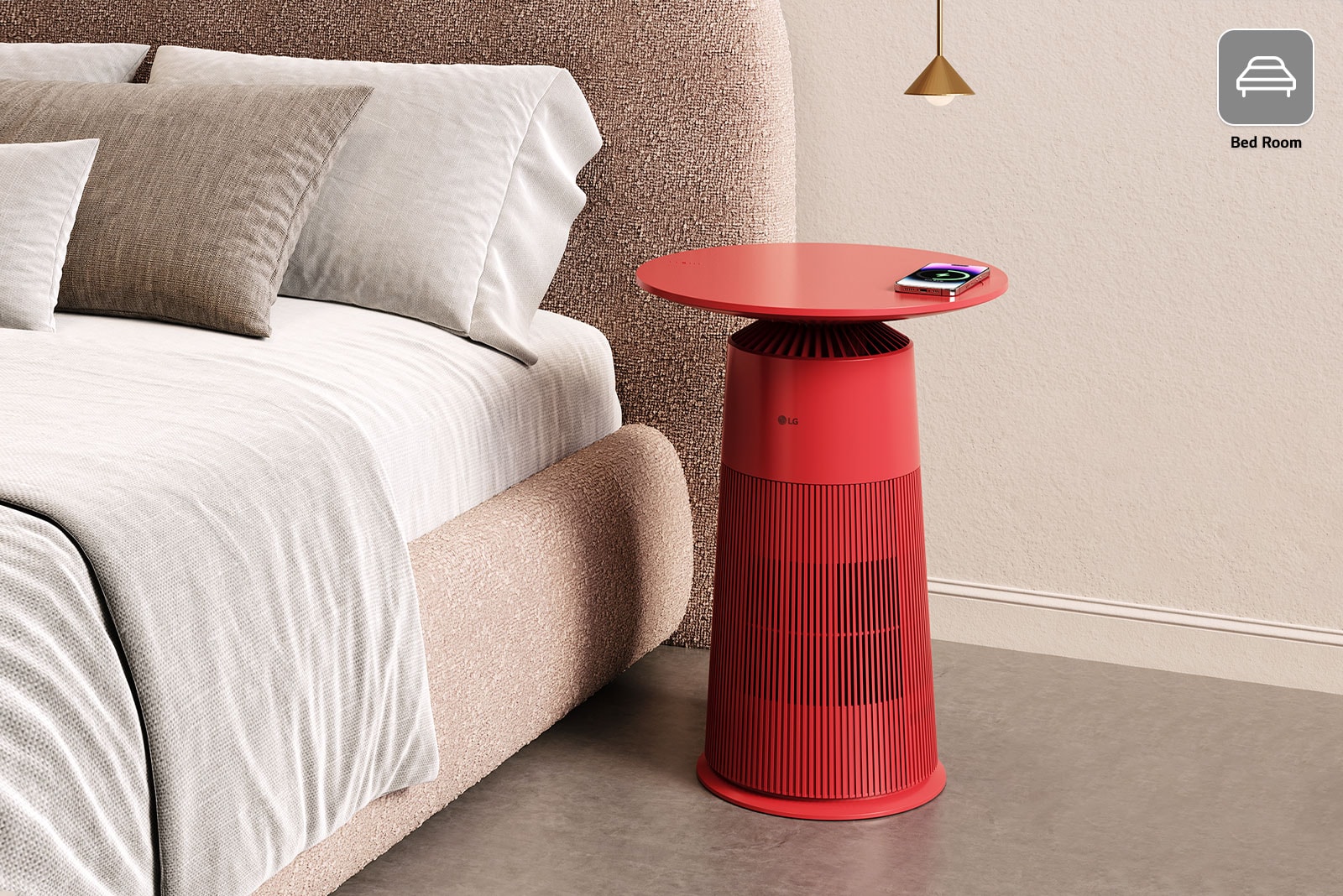 The product is placed next to the bed. The cell phone is wirelessly charging on the top of the product.